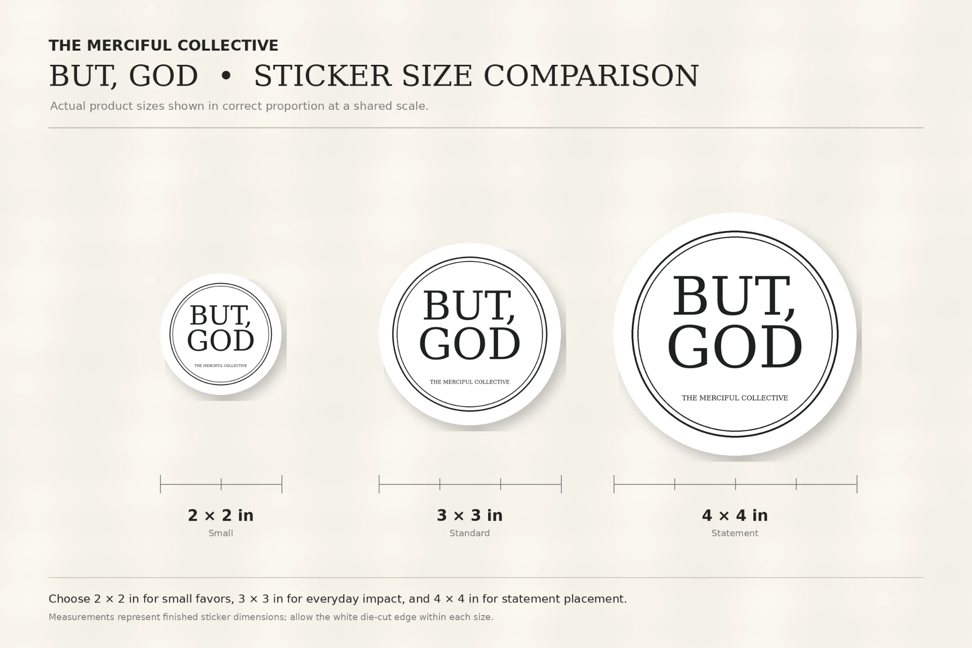 Size comparison of 2, 3 and 4 inch round stickers